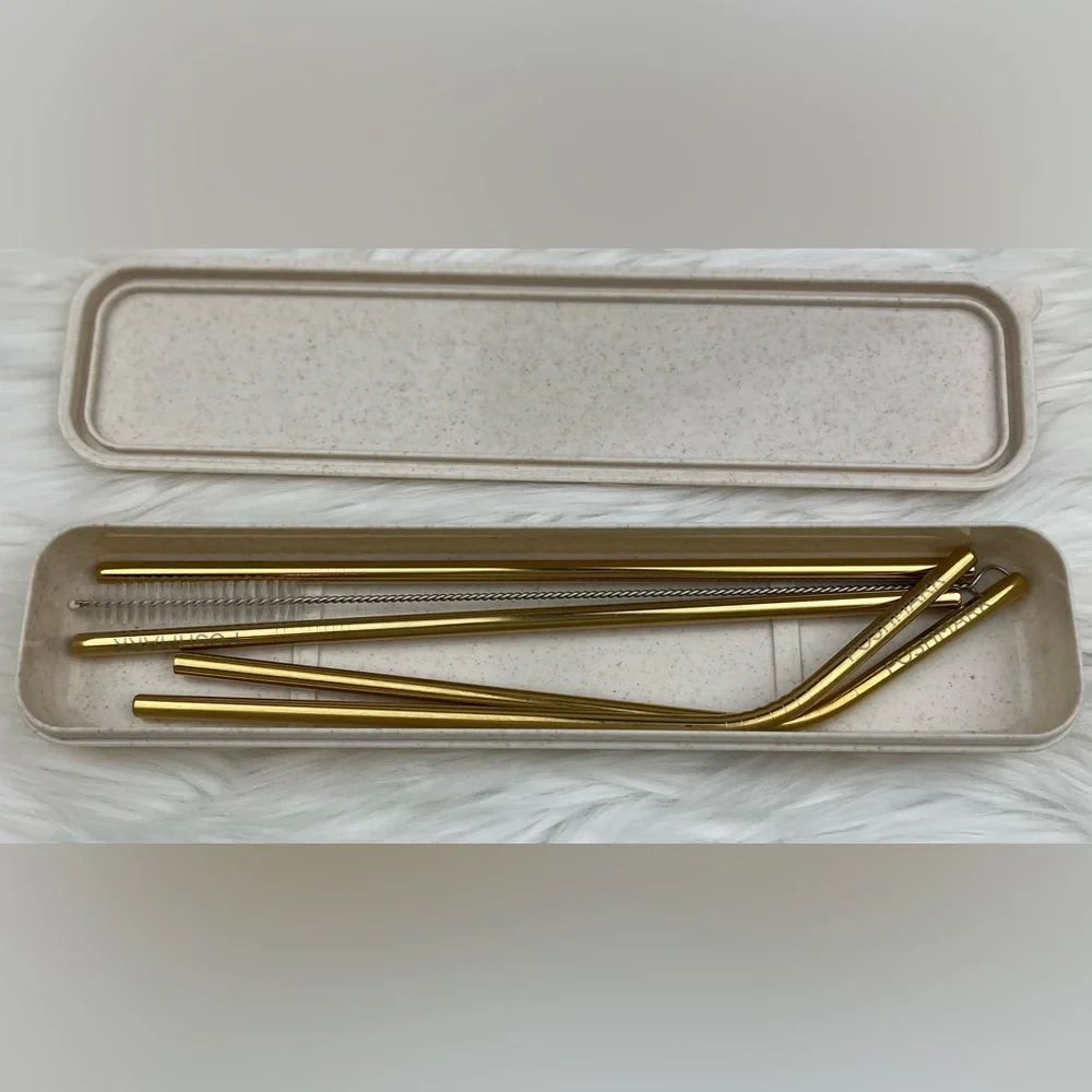 NEW POSHMARK Stainless Steel Drinking Straws Travel Case Set Reusable Gold Tone